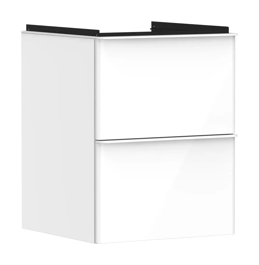 Weißer Waschtischunterschrank von Hansgrohe mit zwei Schubkästen, Oberseite in Schwarz. Eignet sich für die Montage unter einem Handwaschbecken.